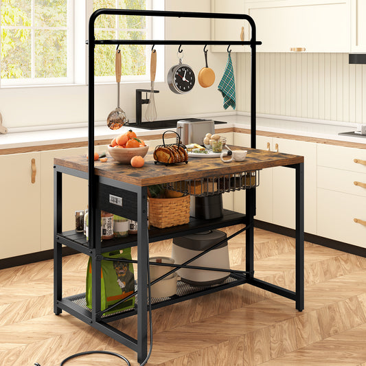 Anyact Kitchen Island with Power Outlet&5 Hooks, Bakers Rack with Storage,Industrial Coffee Bar Table for Kitchen Dining Living Room(Vintage Brown)
