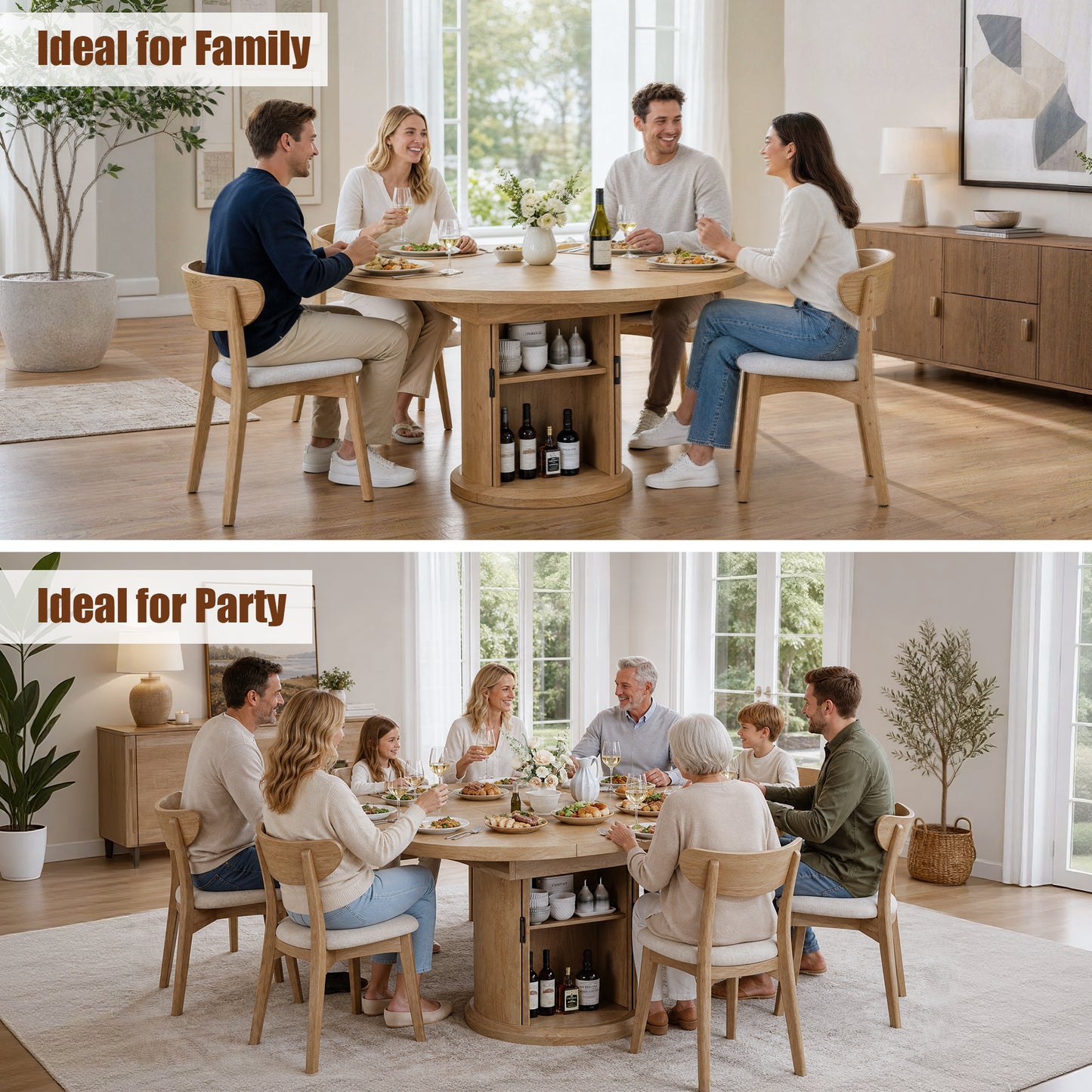 Hijob 47″–63″ Extendable Dining Table with 2 Tier Storage Cabinet - Oval Dining Table Convertible Round Kitchen Table for 4-8 People, Natural