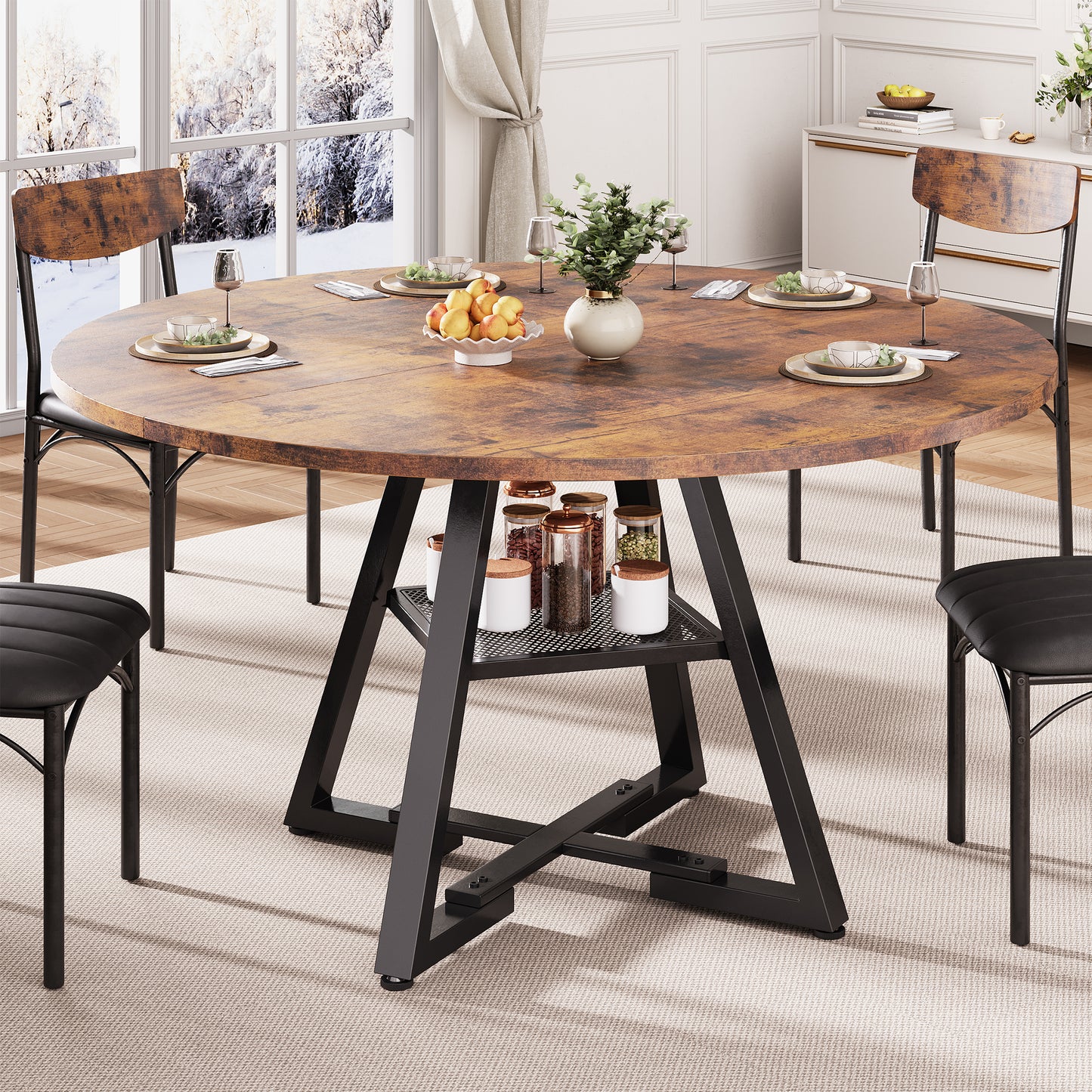 Hijob 47 inch Wood Dining Table for 4, Round Kitchen Dining Table with Storage Shelf for Home Dining Room Living Room, Brown(Only Table)