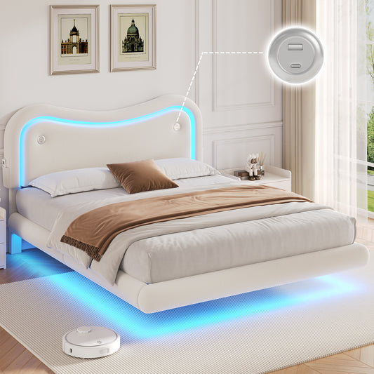 Anyact Full Size Floating Bed Frame with Led & Charging Station, Velvet Upholstered Bed Frame with Floating Metal Platform Bed, White