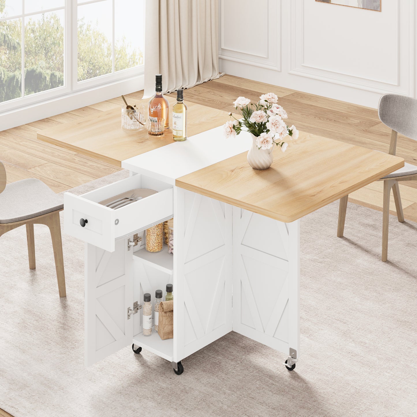 Anyact Space Saving Versatile Folding Kitchen Dining Table with Wheels & Storage Shelf for Small Apartment