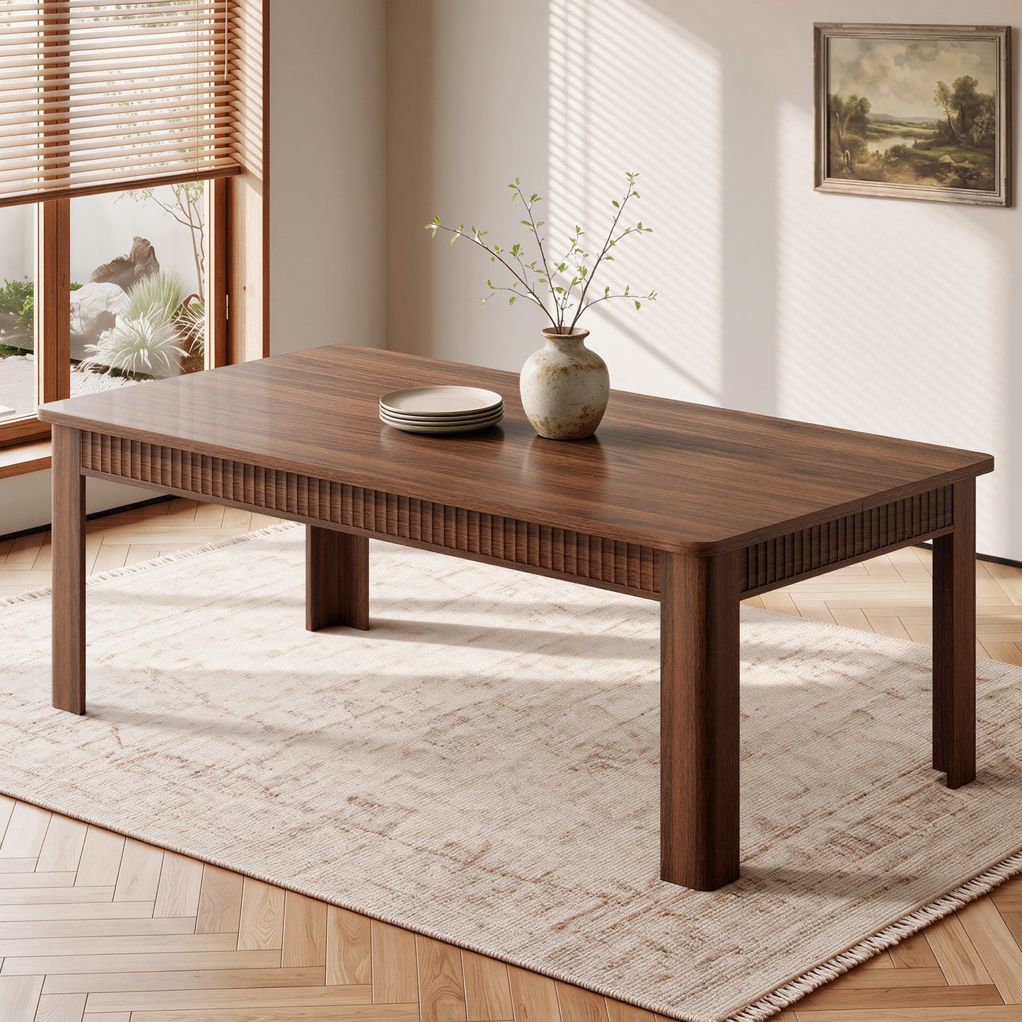 HiJob 70" Dining Table for 6-8 People, Fluted Modern Farmhouse Kitchen Table with 35.5" Extra-Wide Tabletop, Large Rectangular Wood Dining Table, Walnut Finish