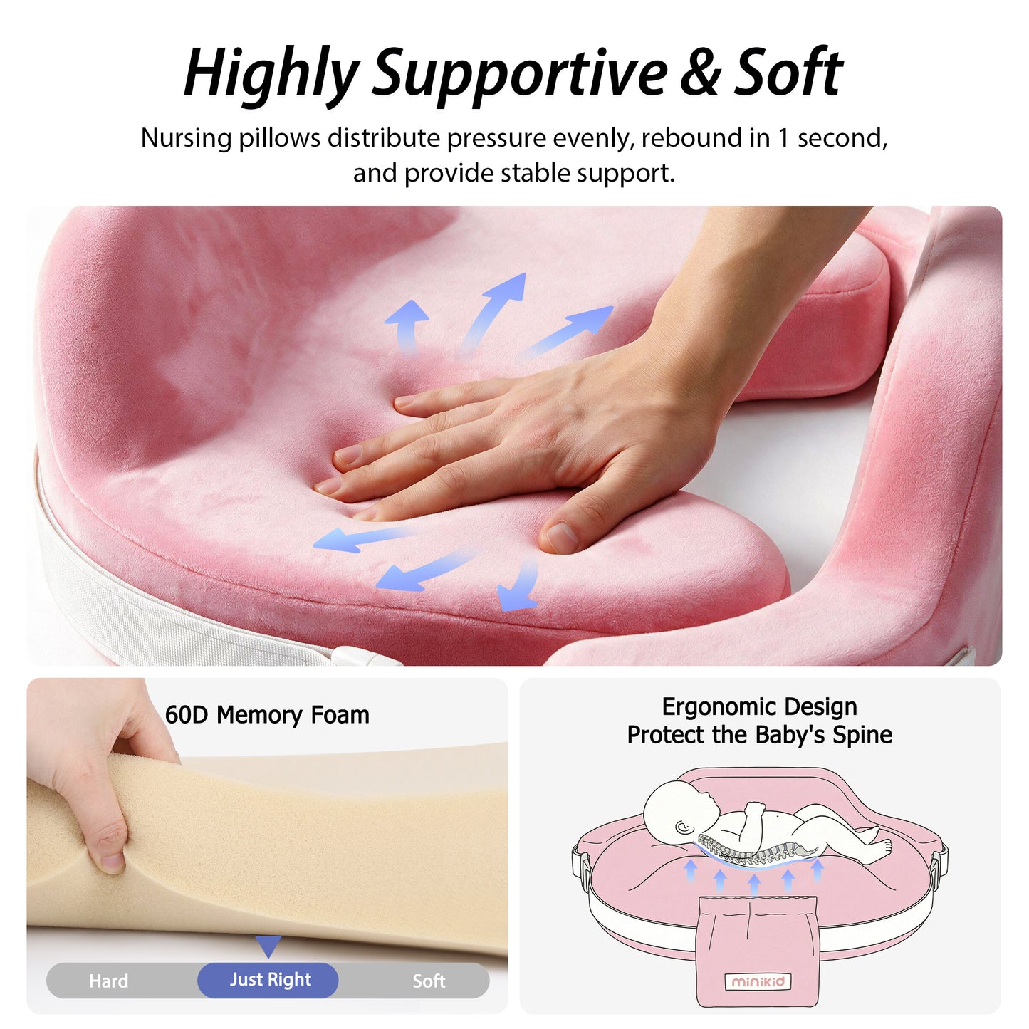 Vipuse Nursing Pillow for Breastfeeding,60D Firm Memory Foam, Ergonomic Design with Lumbar & Arm Support, Safety Fence, Adjustable,Safe and Comfortable Feeding,Pink