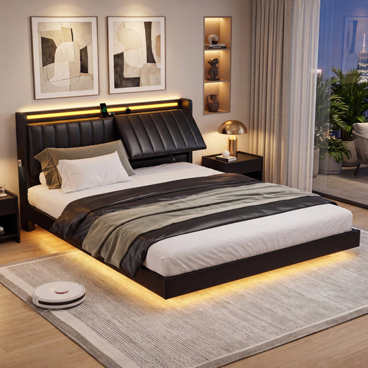 HiJob Queen Size Floating Bed Frame with Reclining PU Leather Storage Headboard, 3 Adjustable Positions, RGB LED Lights, Charging Station, Heavy Duty Platform Bed