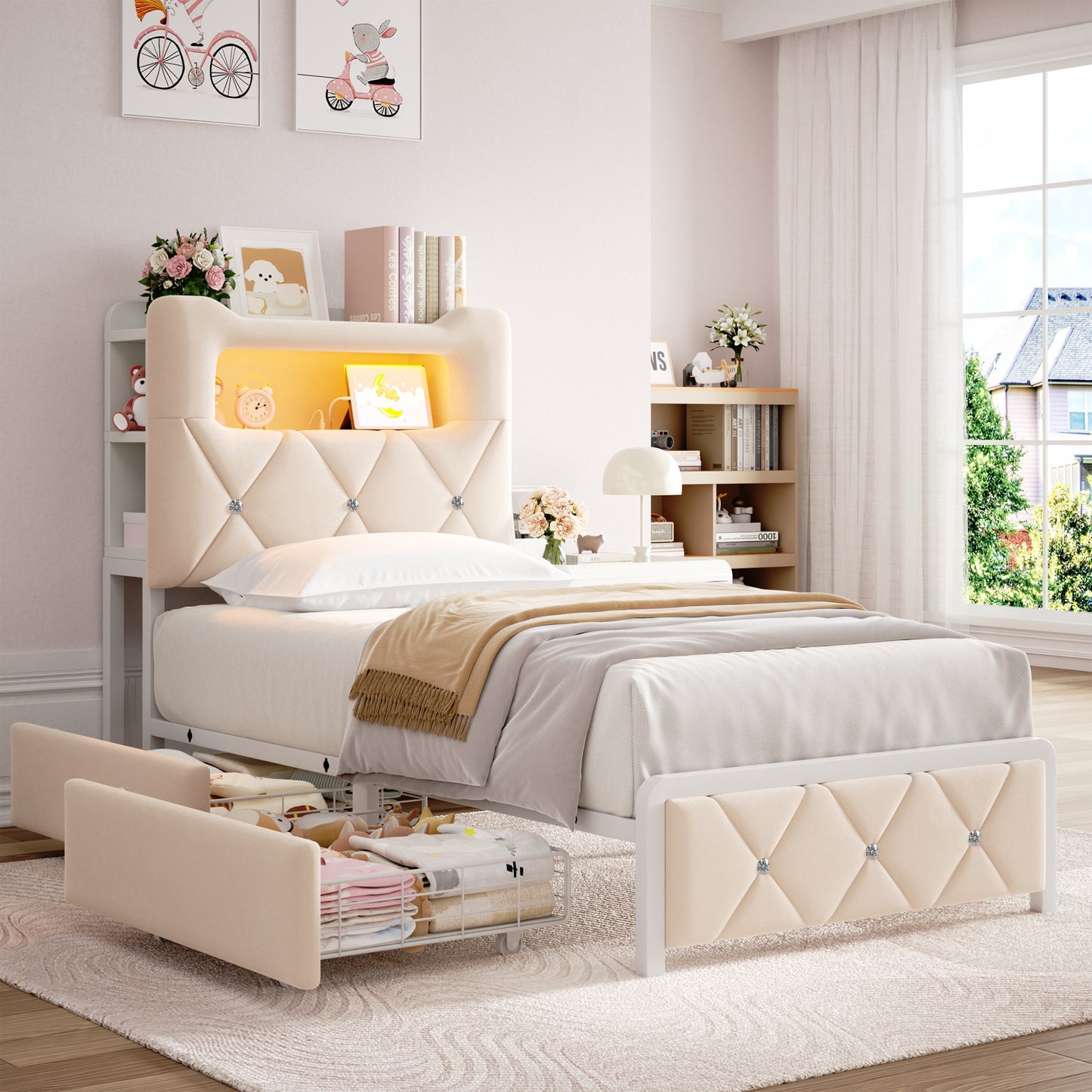 Anyact Twin Bed Frame with 2-Tier Storage Headboard, Metal Platform Bed Frame with 2 Storage Drawers, Built in Charging Station & LED, Beige