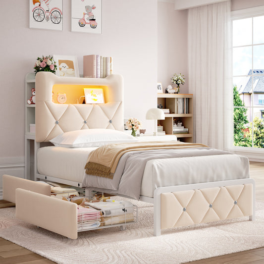 Anyact Twin Bed Frame with 2-Tier Storage Headboard, Metal Platform Bed Frame with 2 Storage Drawers, Built in Charging Station & LED, Beige