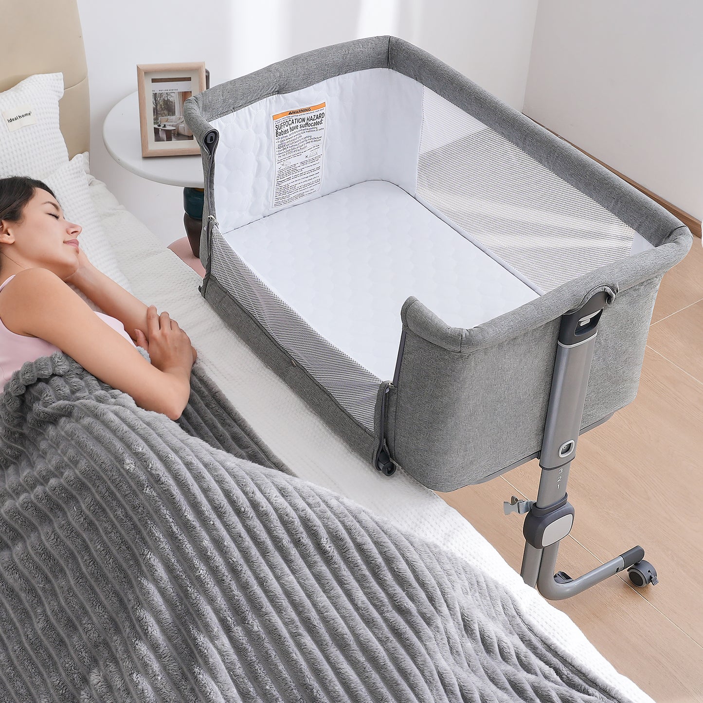 Anyask Baby Bedside Bassinet, 6 Height Adjustable Crib with Mosquito Net&Storage&Lockable Wheels for Infants, Light Grey