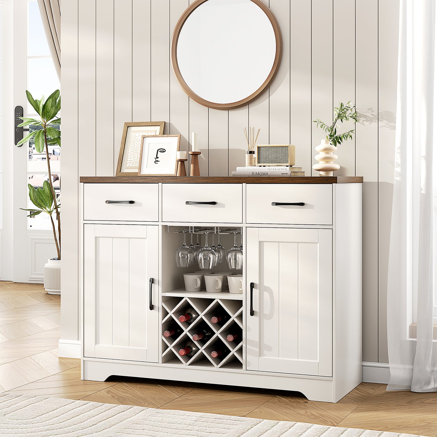 Nifamembo Modern Sideboard Buffet Cabinet w/Wine & Glass Rack, 3 Drawers with 2 Adjustable Shelf for Kitchen