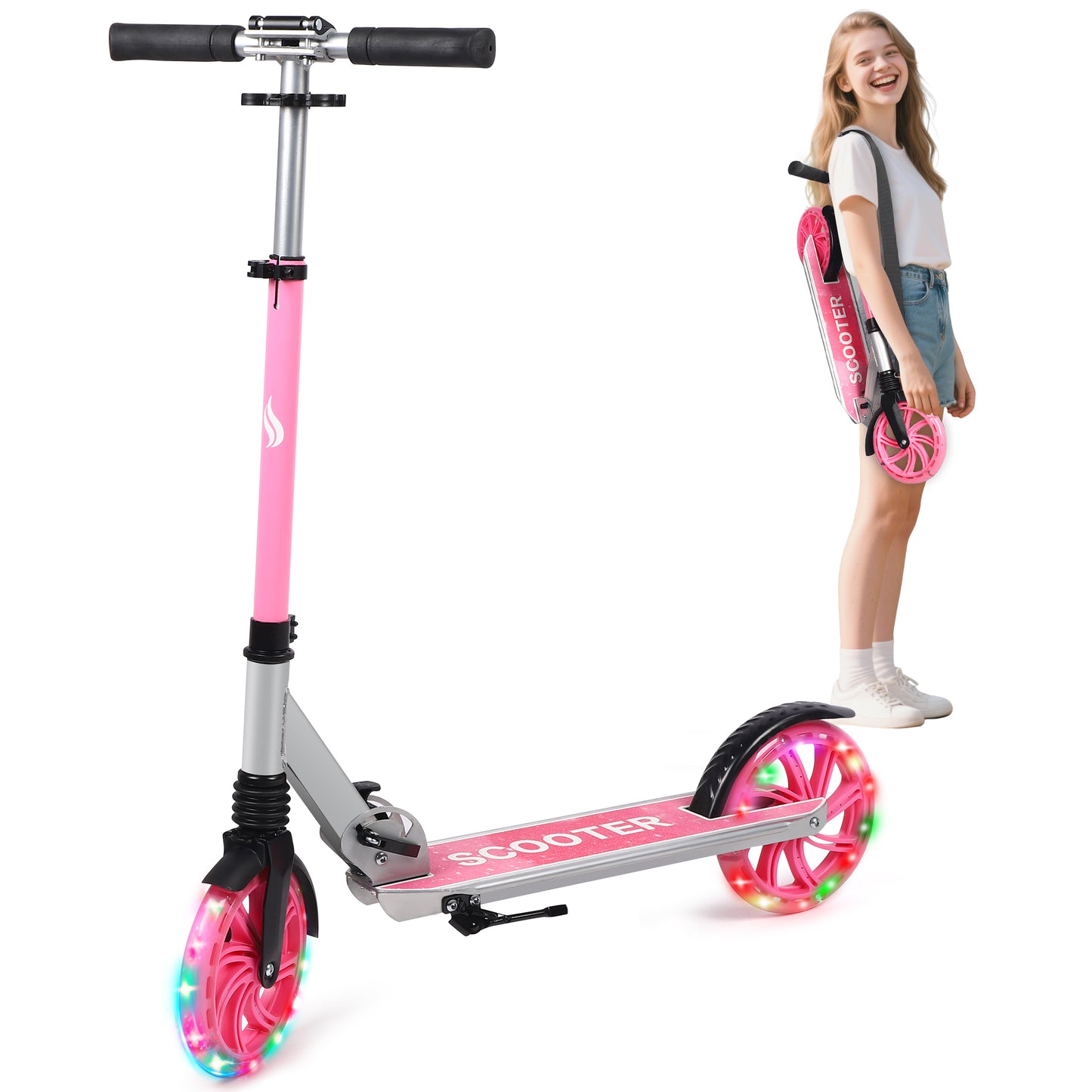 Skyhot Kick Scooter for Ages 6+, Sturdy Wide Deck Rear Brake Scooter for Teens, Pink