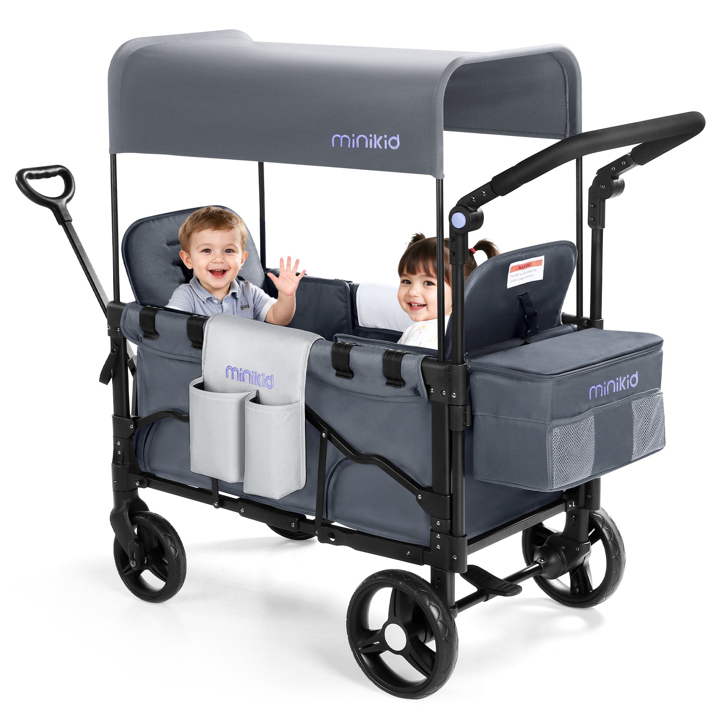 Minikid Stroller Wagon for 2 Kids, Baby Wagon Stroller with Adjustable Handle for Infants and Toddlers Includes Canopy & Organizer, Foldable and Convenient for Storage