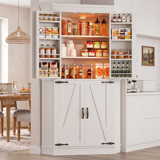 HiJob 71" Tall Corner Cabinet with 8 Door Rack,Large Shelves and Motion Sensor LED Light
