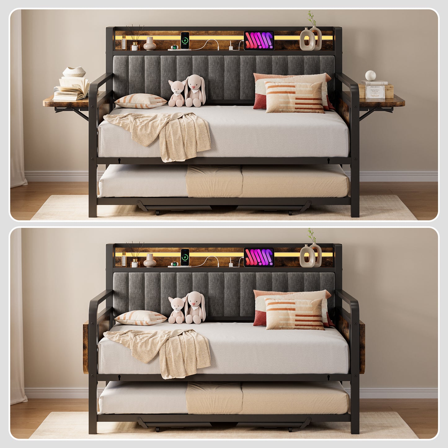 Hijob Daybed with Side Table/Charging Station/Upholstered Storage Headboard/LED Light/Pop-upTrundle, Industrial Heavy Duty Metal Twin Sofa Bed Frame for Guest Living Room/Bedroom,Black&Brown