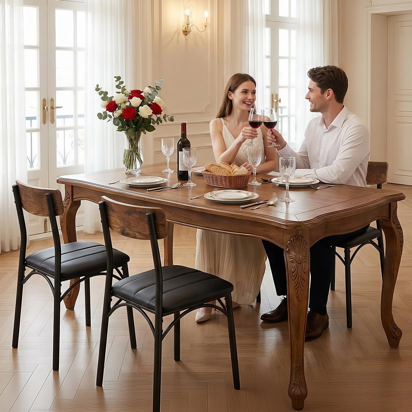 Hijob Dining Chair Set of 4, PU Leather Dining Room Chairs, Rustic Kitchen Armless Side Chair with Iron Legs, Black&Brown