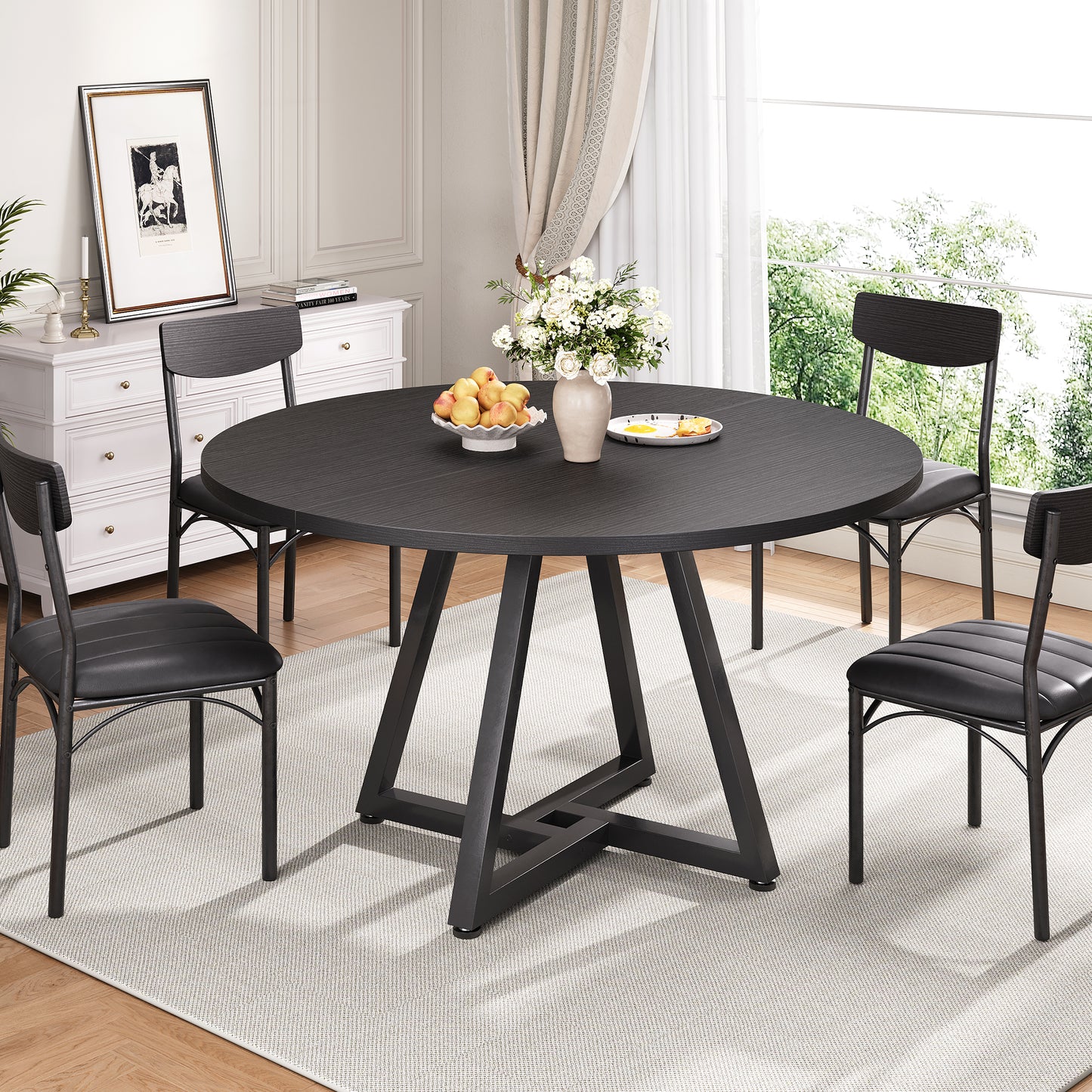 Hijob 47in Round Dining Table, Circle Dinner Table Pedestal Metal Frame, Kitcen Table Sturdy Wood Kitchen & Dining Room Furniture, Black(Only Table)