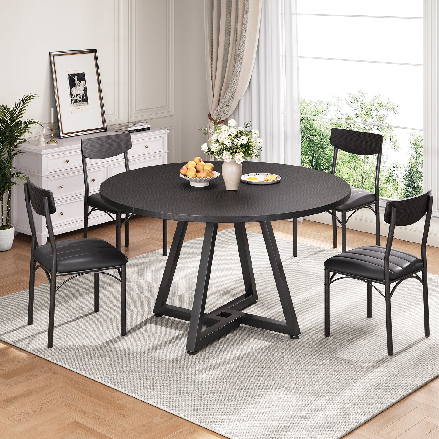 Hijob 47in Round Dining Table, Circle Dinner Table Pedestal Metal Frame, Kitcen Table Sturdy Wood Kitchen & Dining Room Furniture, Black(Only Table)