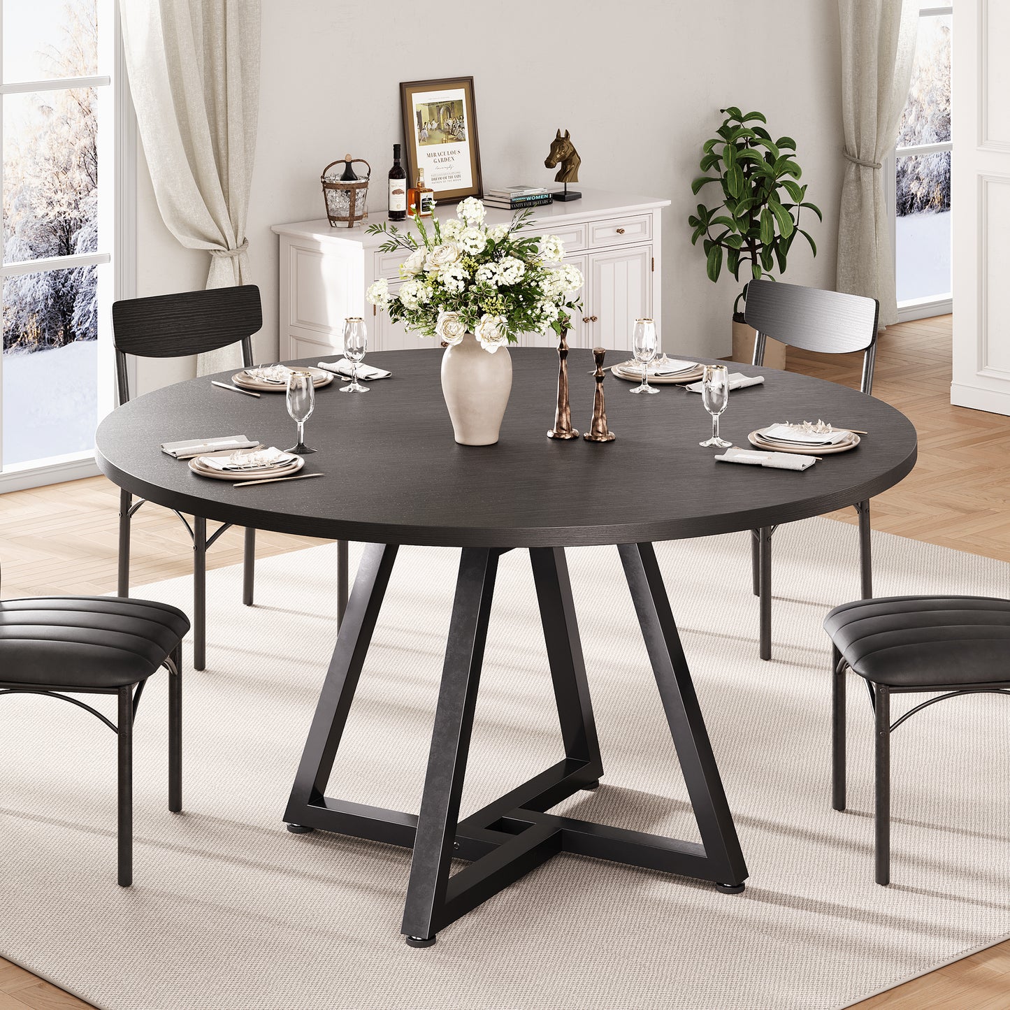 Hijob 47in Round Dining Table, Circle Dinner Table Pedestal Metal Frame, Kitcen Table Sturdy Wood Kitchen & Dining Room Furniture, Black(Only Table)