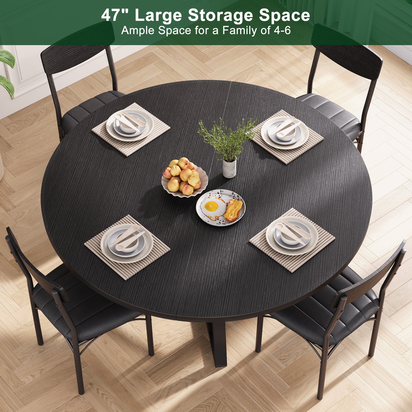 Hijob 47in Round Dining Table, Circle Dinner Table Pedestal Metal Frame, Kitcen Table Sturdy Wood Kitchen & Dining Room Furniture, Black(Only Table)