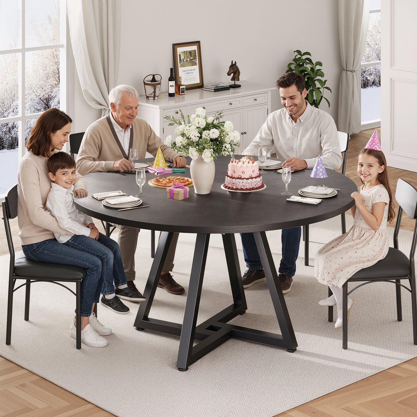 Hijob 47in Round Dining Table, Circle Dinner Table Pedestal Metal Frame, Kitcen Table Sturdy Wood Kitchen & Dining Room Furniture, Black(Only Table)
