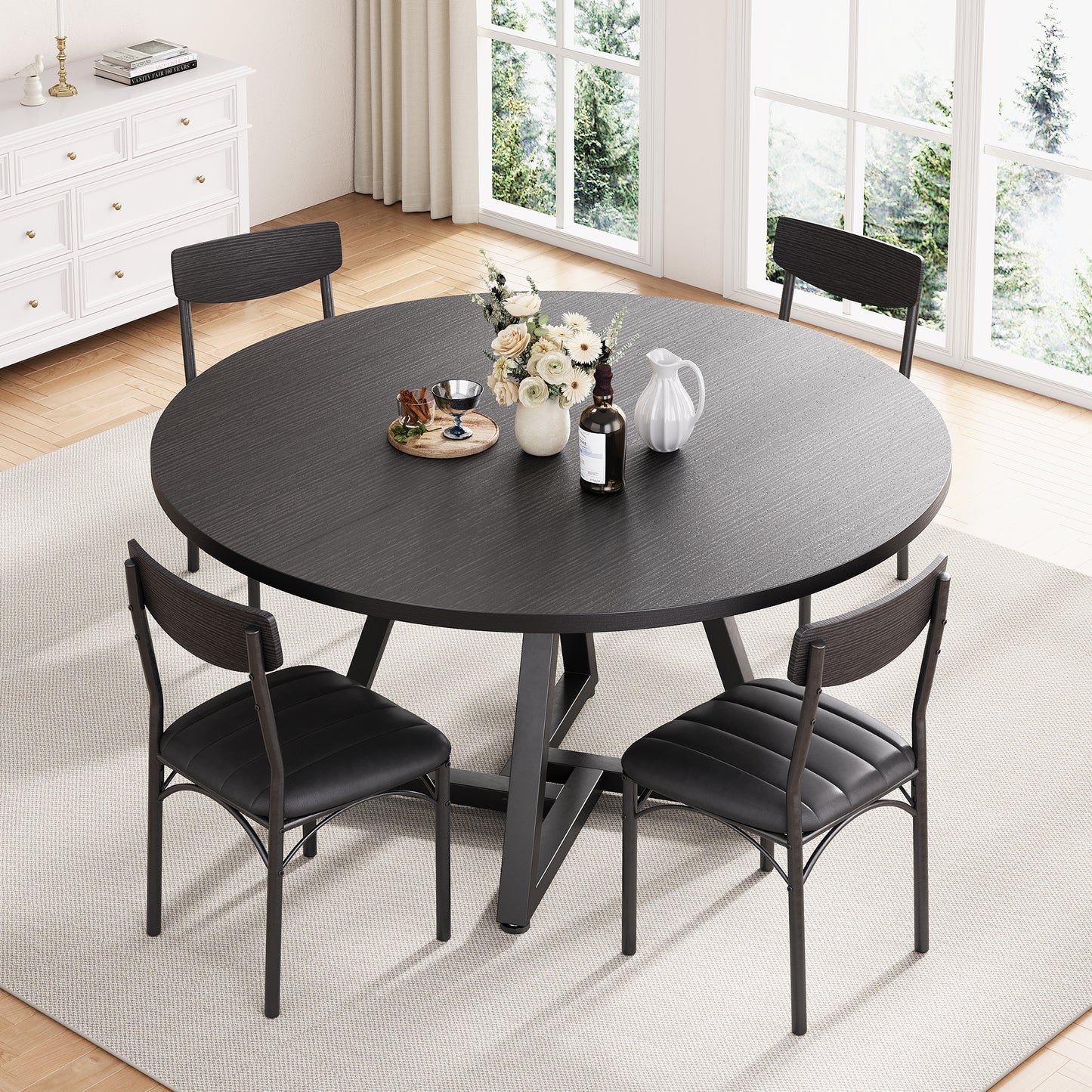 Anyact 42in Round Dining Table for 4, Circle Dinner Table Pedestal Metal Frame, Kitcen Table Sturdy Wood Kitchen & Dining Room Furniture, Black(Only Table)
