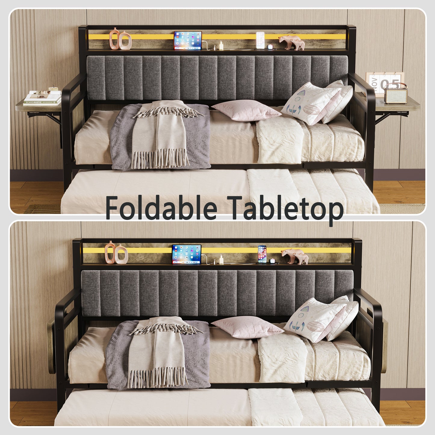 Hijob Twin to King Daybed with Side Table, Heavy Duty Metal Bed Frame with Pop Up Trundle, LED Lights Charging Station Upholstered Storage Headboard, Twin Sofa Bed for Living Room Guest Room, Gray