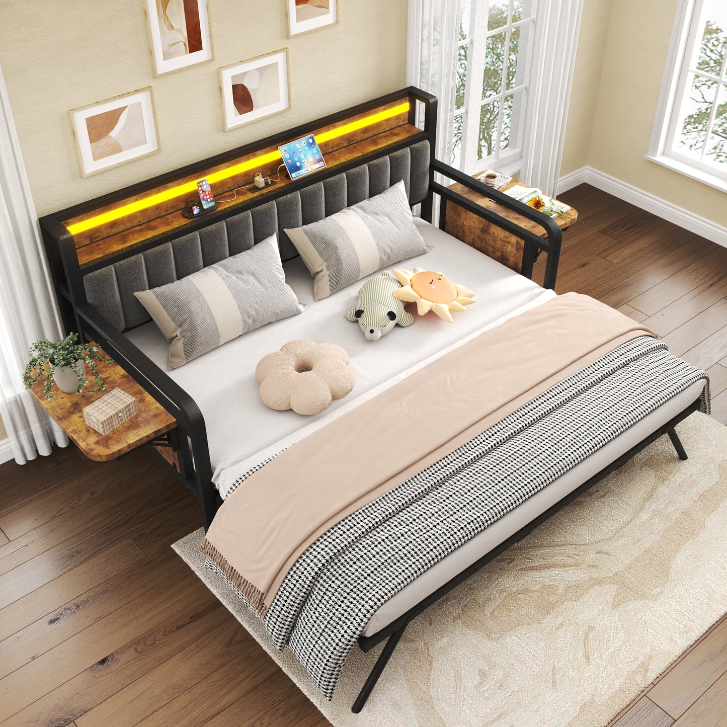 Hijob Daybed with Side Table/Charging Station/Upholstered Storage Headboard/LED Light/Pop-upTrundle, Industrial Heavy Duty Metal Twin Sofa Bed Frame for Guest Living Room/Bedroom,Black&Brown
