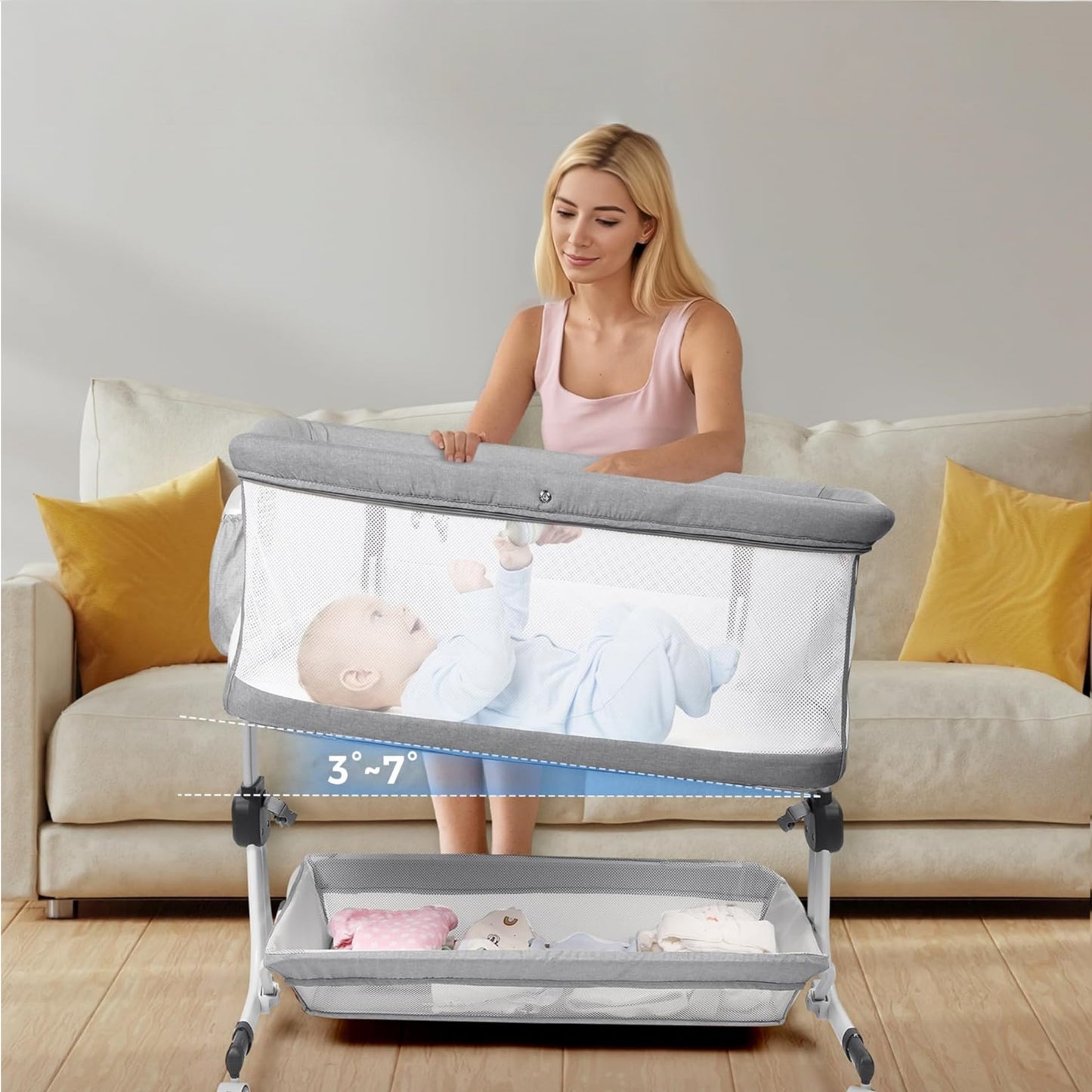 Minikid 3-in-1 Baby Bassinet Bedside Sleeper, 6 Height Adjustments, Full Mesh Breathable, Portable Newborn Baby Crib with Storage Basket,Dark Gray