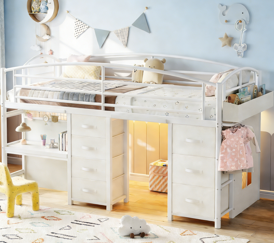 Twin Low Loft Bed for Kids with Desk, 7 Storage Drawers & LED Lights, Heavy Duty Metal Frame with 12" H Safety Guardrail, Play Curtain & Under-Bed Space - Beige