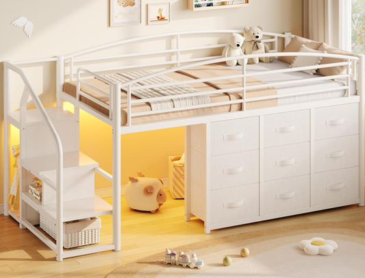 Hijob Low Loft Bed Twin Size with 9 Storage Drawers, Desk, LED Lights & Cozy Privacy Curtain – Sturdy Metal Frame, 13.8" Safety Guardrail, White