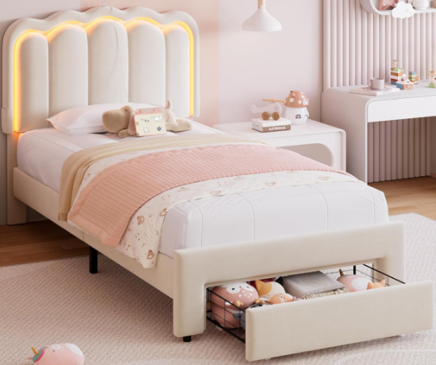 Hijob Twin Size LED Bed Frame for Girls/Kids with Storage Drawers, Velvet Upholstered Platform Bed with Adjustable Headboard, No Box Spring Needed, Beige
