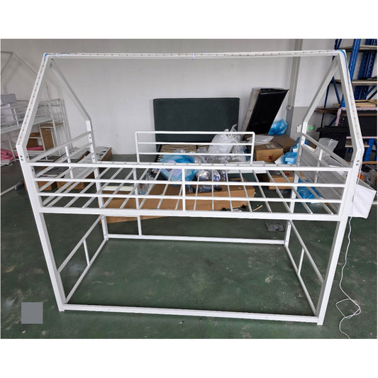 Hijob Low Loft Bed Twin Size, White Metal Frame Bed with LED Lights, Safety Guardrail & Play Curtain for Under-Bed Fun
