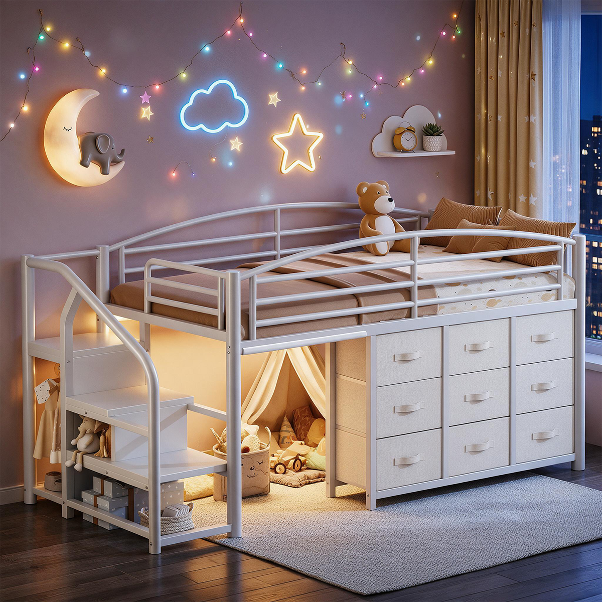 HiJob Low Loft Bed with 9 Storage Drawers, Corner Storage Stairs & LED Lights, Twin Loft Bed for Kids with Hanging Rod and Guardrails, White