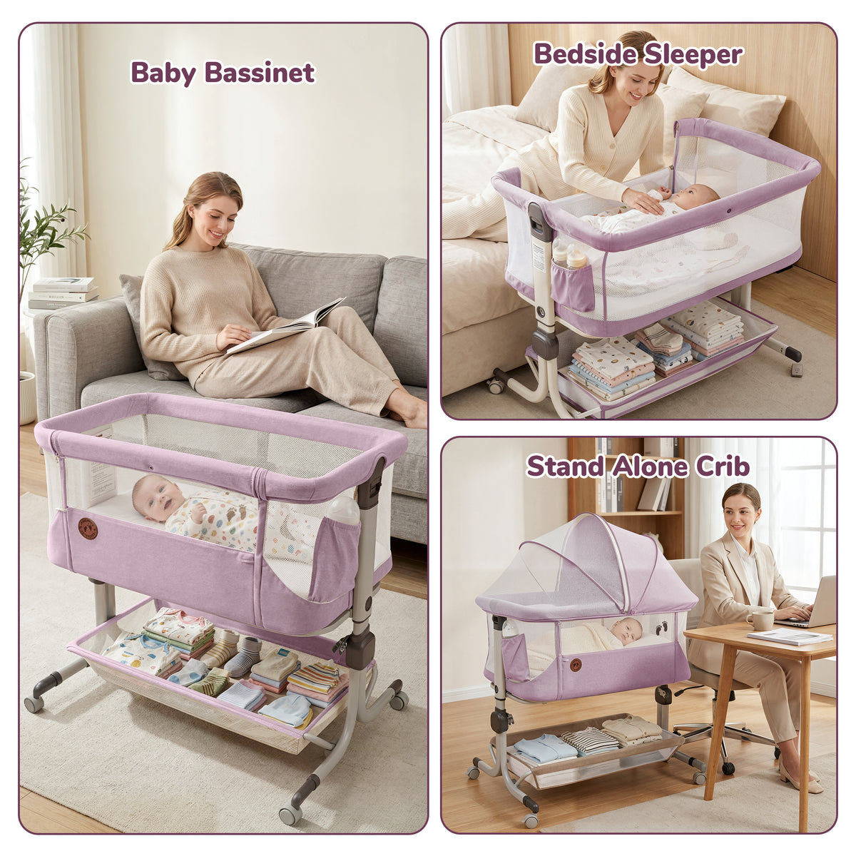 Vipuse 3-in-1 Baby Bassinet Bedside Sleeper, 6 Height Adjustments, Full Mesh Breathable, Portable Newborn Baby Crib with Storage Basket, Pinkish Purple
