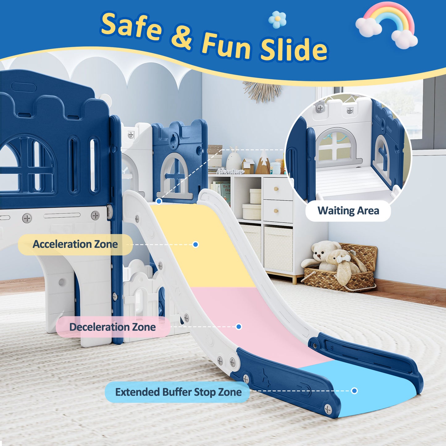 WFUN 9 in 1 Indoor Infant Toddler Playground Slides Playset for Backyard Home, Blue & Gray