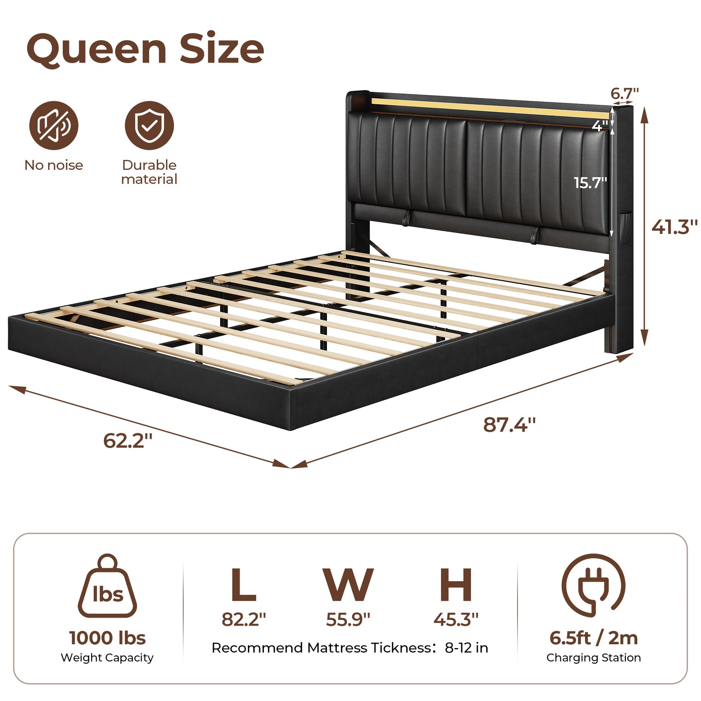 HiJob Queen Size Floating Bed Frame with Reclining PU Leather Storage Headboard, 3 Adjustable Positions, RGB LED Lights, Charging Station, Heavy Duty Platform Bed