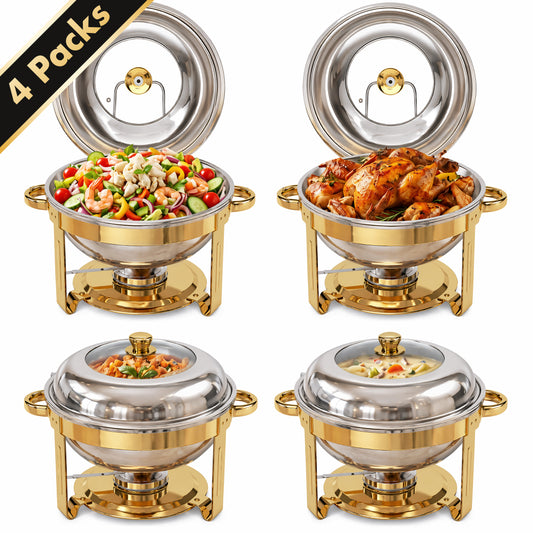 Vipuse Chafing Dishes for Buffet, 4 Pack 5QT Round Stainless Steel Chafing Dish Set for Home Parties, Christmas Gatherings, Catering Events Complete Buffet Warmer Set, Golden