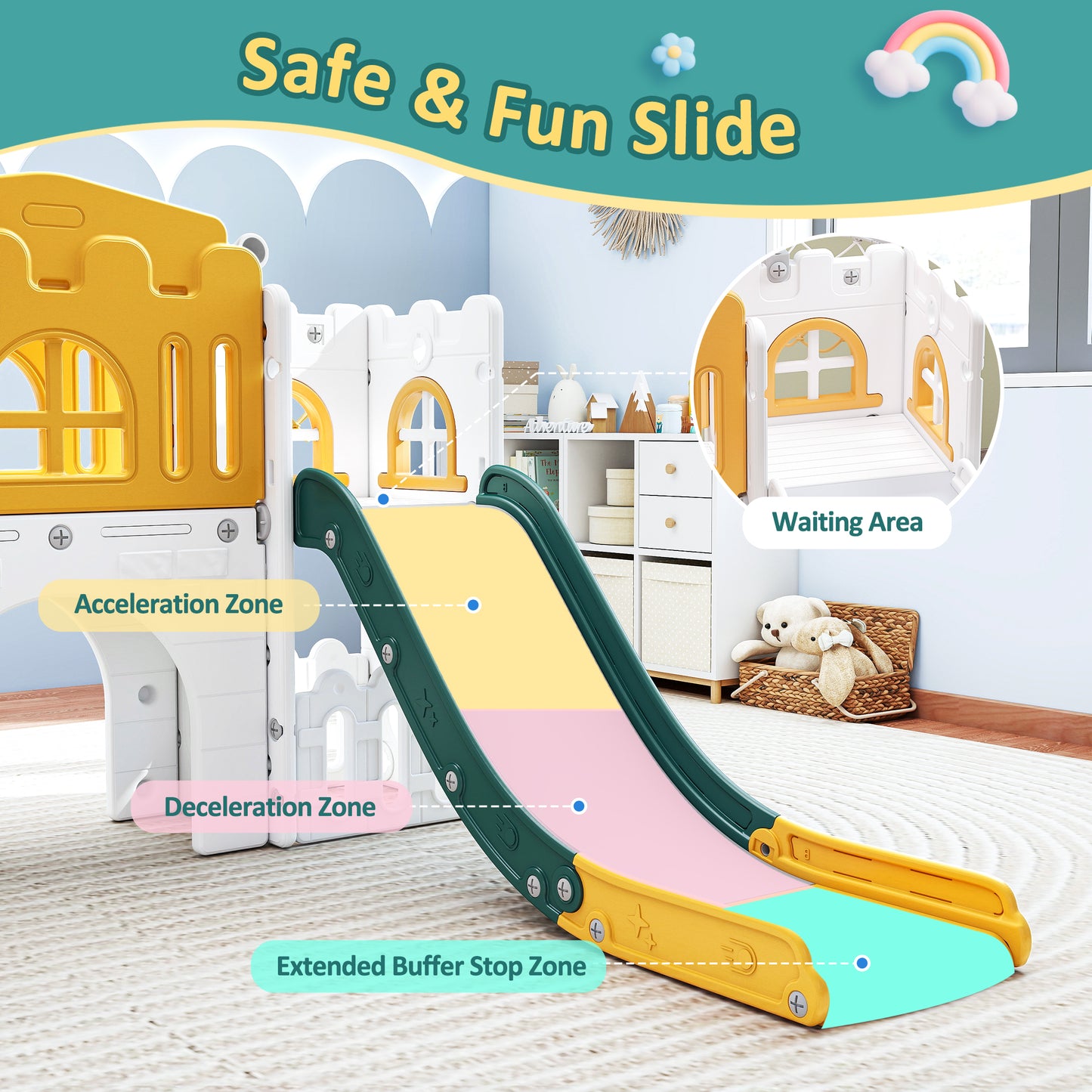Vipuse Playhouse Playsets with Slide, 9 in 1 Playground Toddler Slide for Indoor Outdoor Backyard,Yellow & Green