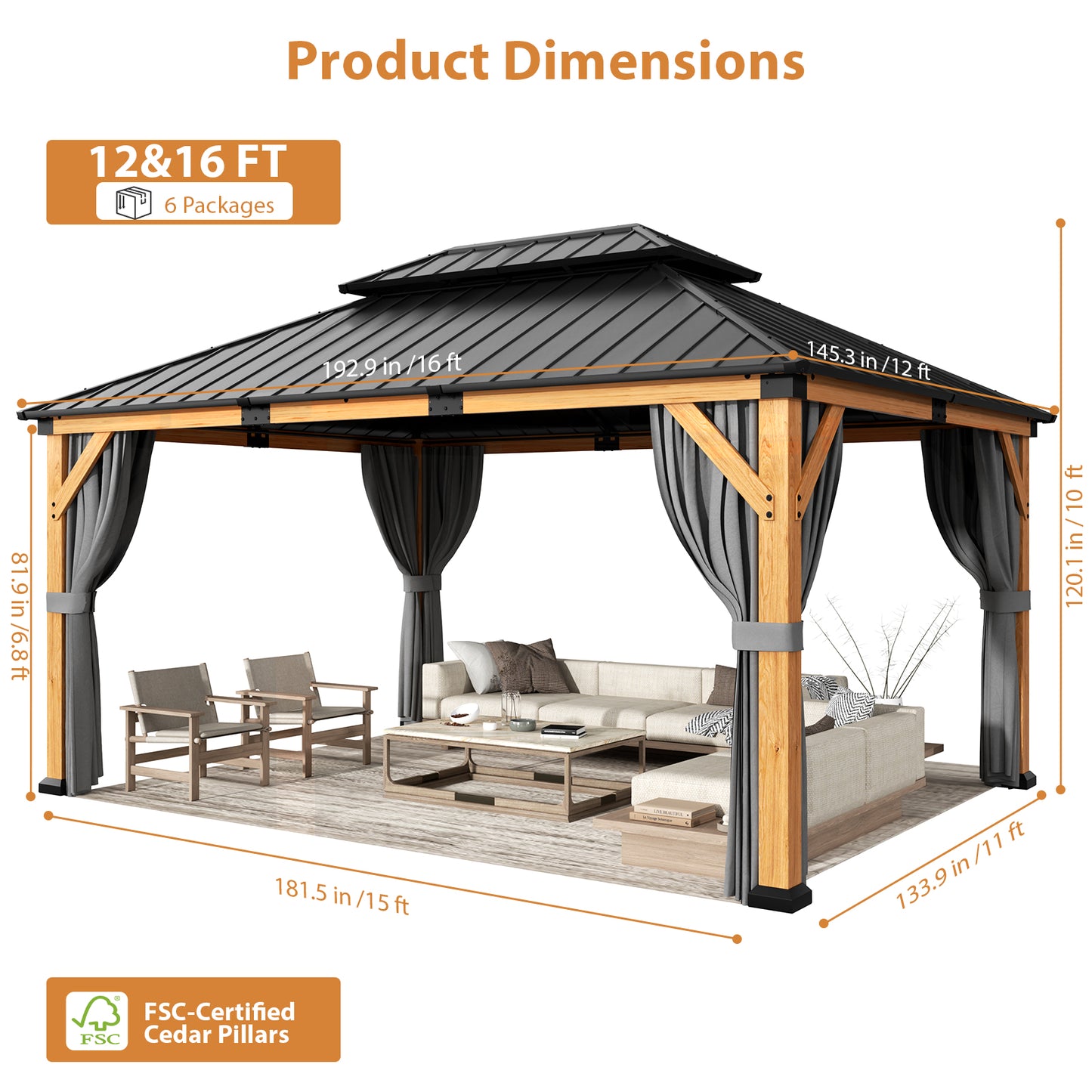Cocosity 16FT(L) x 12FT(W) x 9.5FT(H) Outdoor Hardtop Wood Gazebo with Netting & Curtains, All-Weather Permanent Wooden Pavilion with Double Metal Roof for Patio, Backyard, Deck, and Lawn