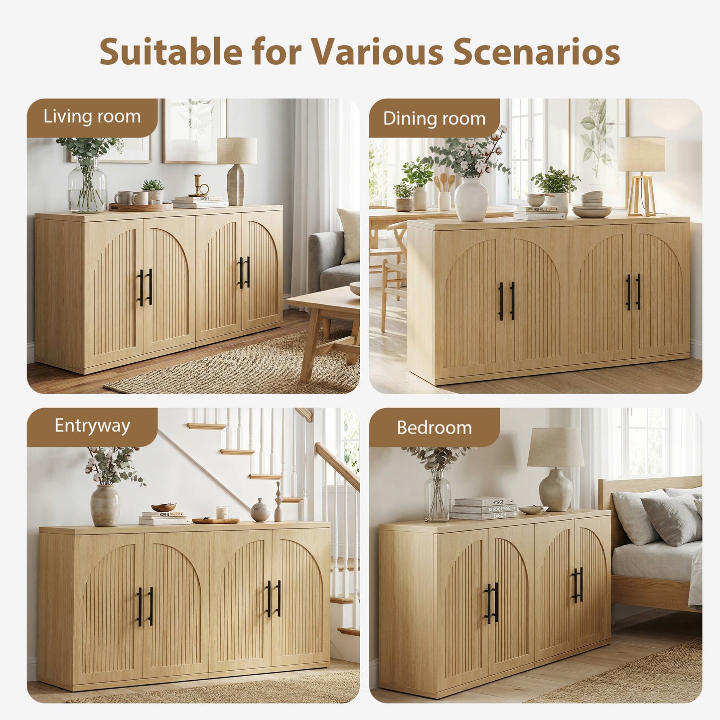 Hijob Modern Fluted Sideboard Cabinet, 63" Long Dressers with Metal Handle w/Curved Profile Design, Wood Mid Century Dresser w/Double-Layered for Living Room, Natural Oak