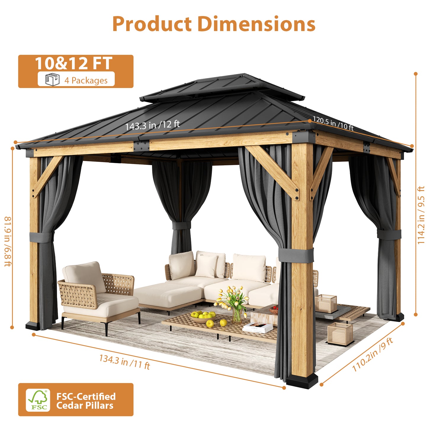 Cocosity  12FT(L) x 10FT(W) x 9.5FT(H) Outdoor Hardtop Wood Gazebo with Netting & Curtains, All-Weather Permanent Wooden Pavilion with Double Metal Roof for Patio, Backyard, Deck, and Lawn