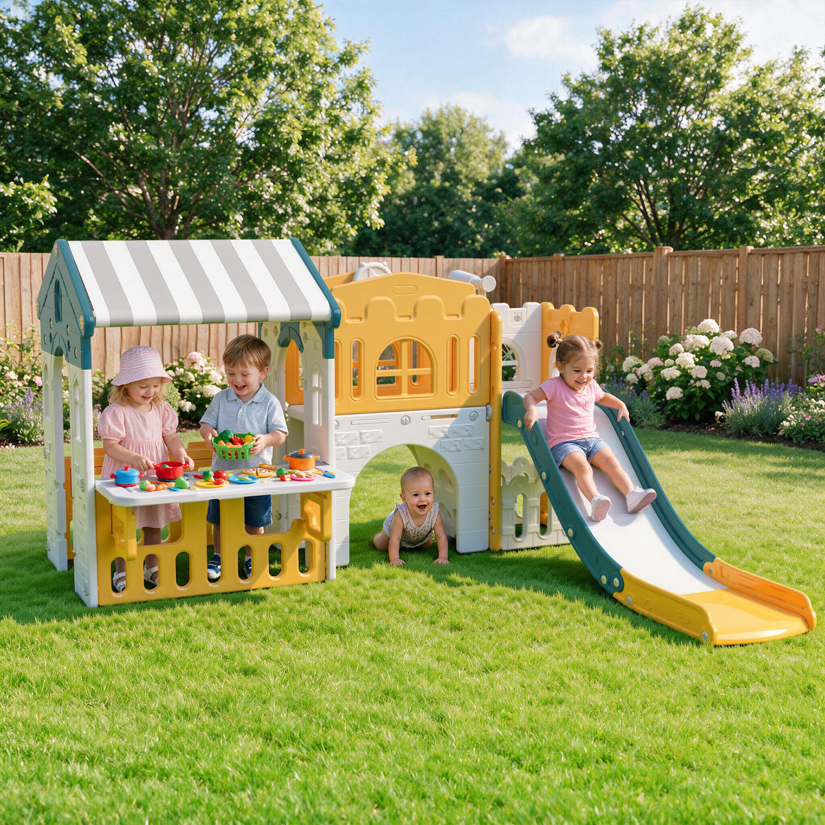 Vipuse Playhouse Playsets with Slide, 9 in 1 Playground Toddler Slide for Indoor Outdoor Backyard,Yellow & Green