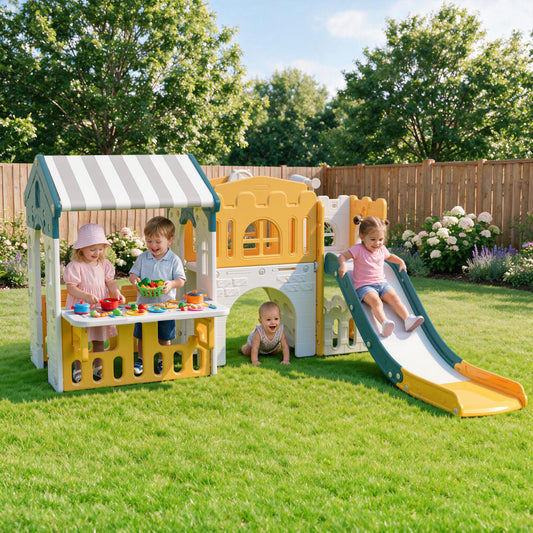 Vipuse Playhouse Playsets with Slide, 9 in 1 Playground Toddler Slide for Indoor Outdoor Backyard,Yellow & Green