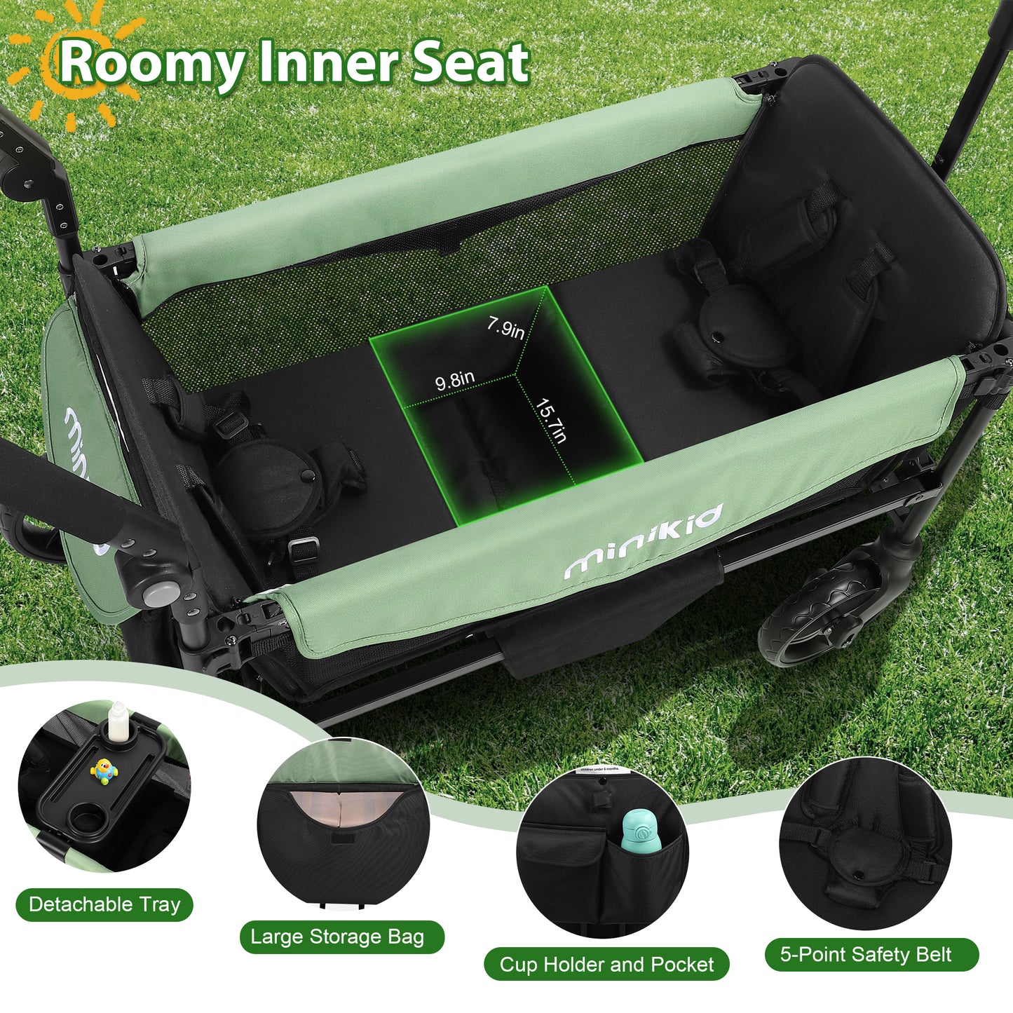 Minikid Baby Stroller Wagon With Canopy,Organizer,Adjustable Handle & Pull Bar for Infants and Toddlers,Green