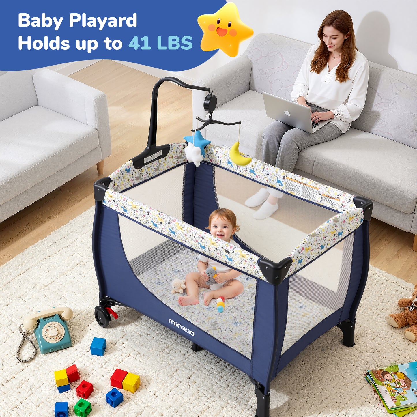 Minikid Baby Playard with Bassinet,Unisex Playpen Include Music Box and Hanging Toys,Portable Crib for Newborn to Toddlers,Blue