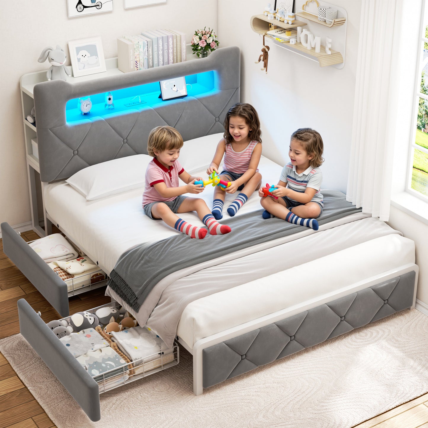 Anyact Full size Bed frame with 2 storage drawers and Headboard Metal Platform Bed Frame & LED Light Headboard, Built in Charging Station and Easy Assembly/Noise-Free, Gray