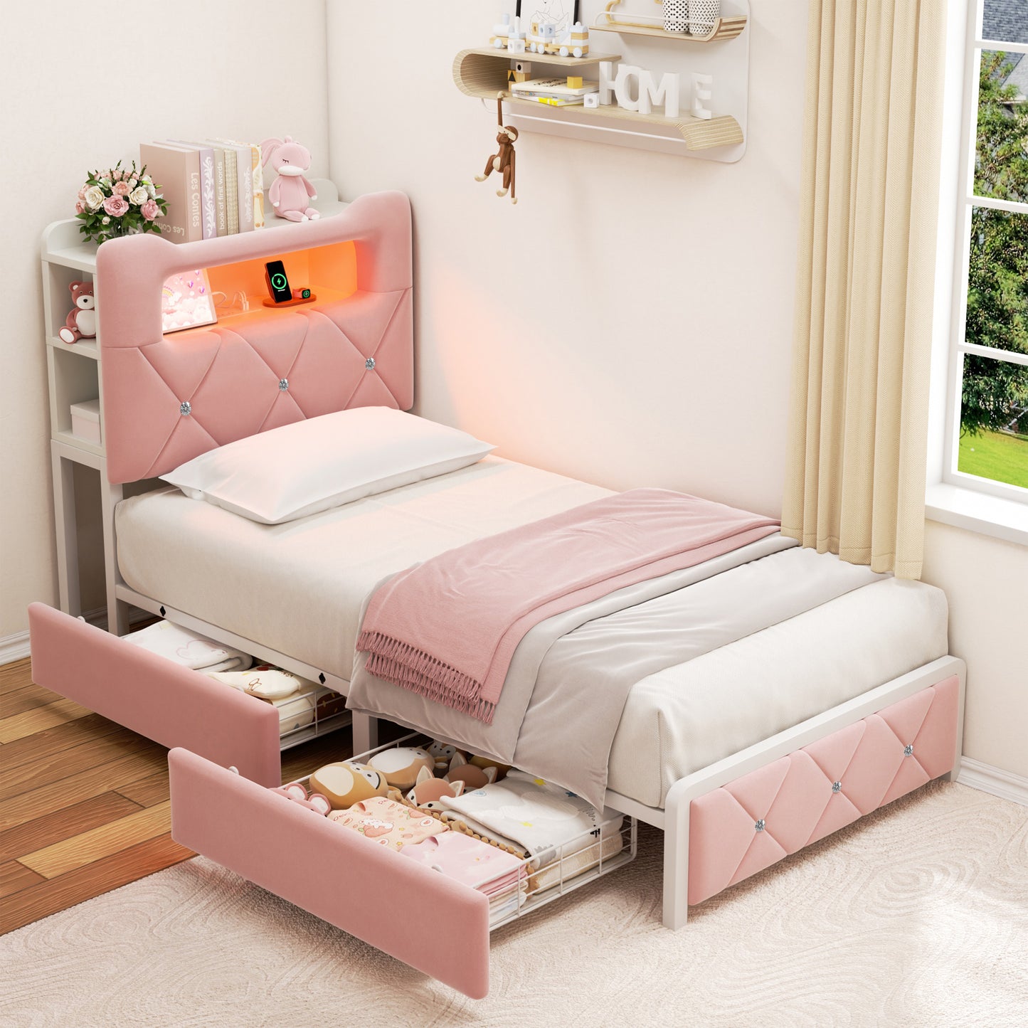 Hijob Twin Bed Frame with 2-Tier Storage Headboard, Metal Platform Bed Frame with 2 Storage Drawers, Built in Charging Station & LED, Pink