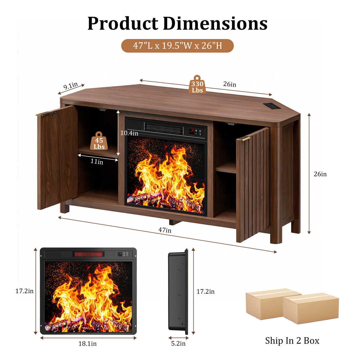HiJob Electric Fireplace TV Stand with 18" Fireplace for 65" TVs, Holds up to 330 lbs, Corner Fireplace Entertainment Center with Charging Station, Walnut