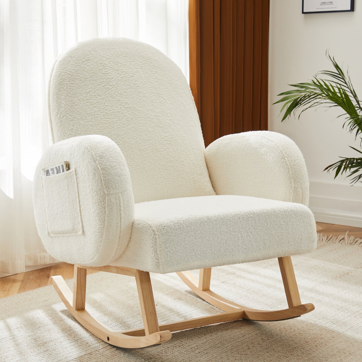 Nifamembo Teddy Nursery Rocking Chair with Solid Wood Legs, Glider Chair with Two Side Pockets for Living Room