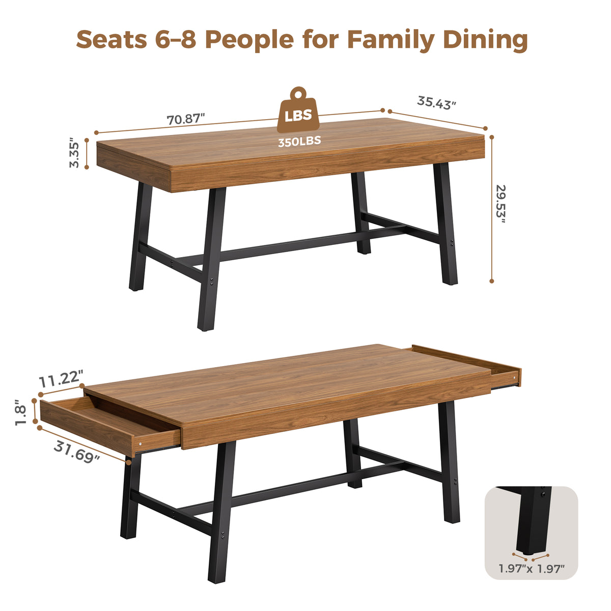 HiJob 71" Dining Table for 6-8 People with 2 Storage Drawers, 3.94" Thickened Tabletop, Modern Farmhouse Rectangular Wood Kitchen Table, Walnut Finish