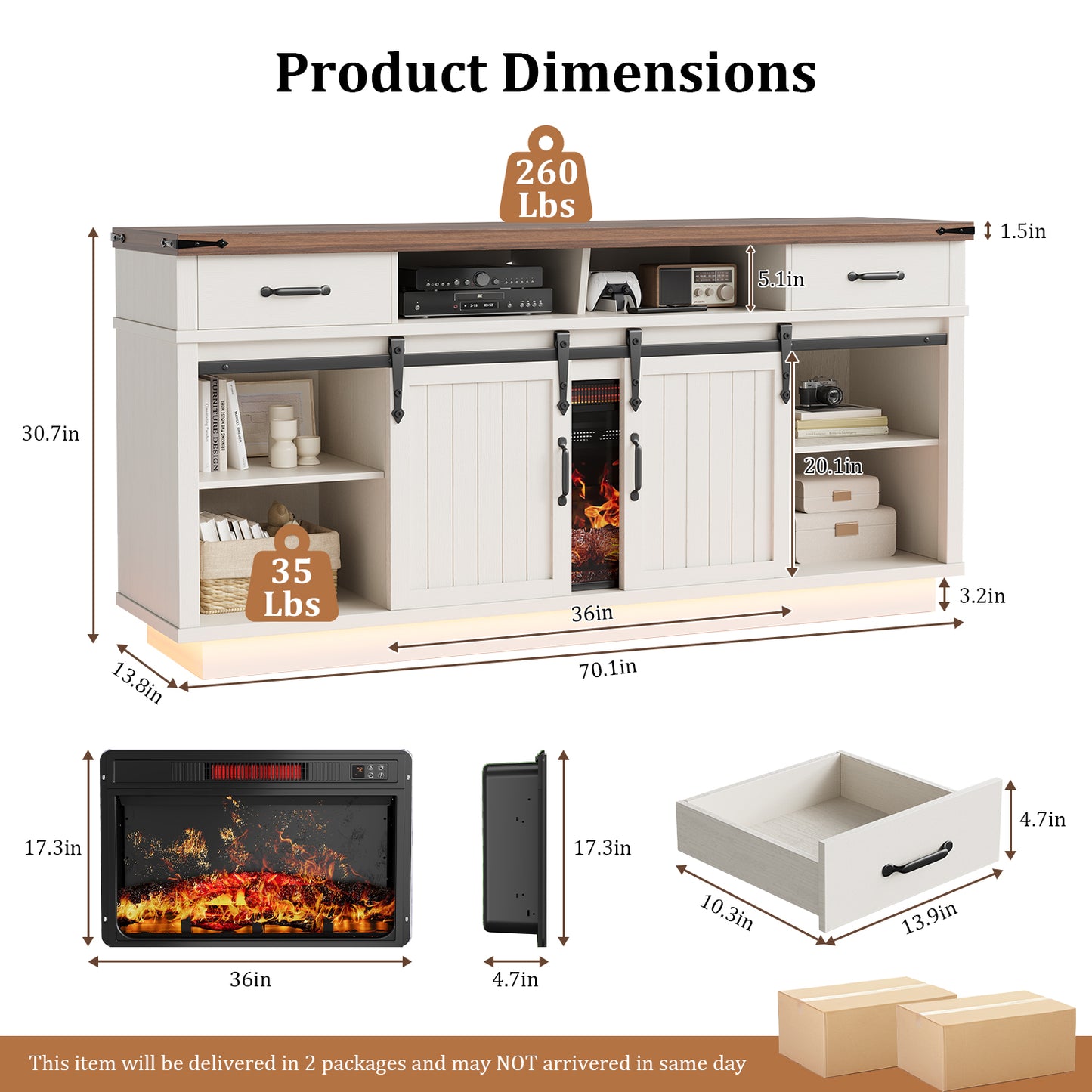 HiJob Electric Fireplace TV Stand for TVs up to 80", 36" Fireplace Farmhouse Entertainment Center with RGB LED Lights