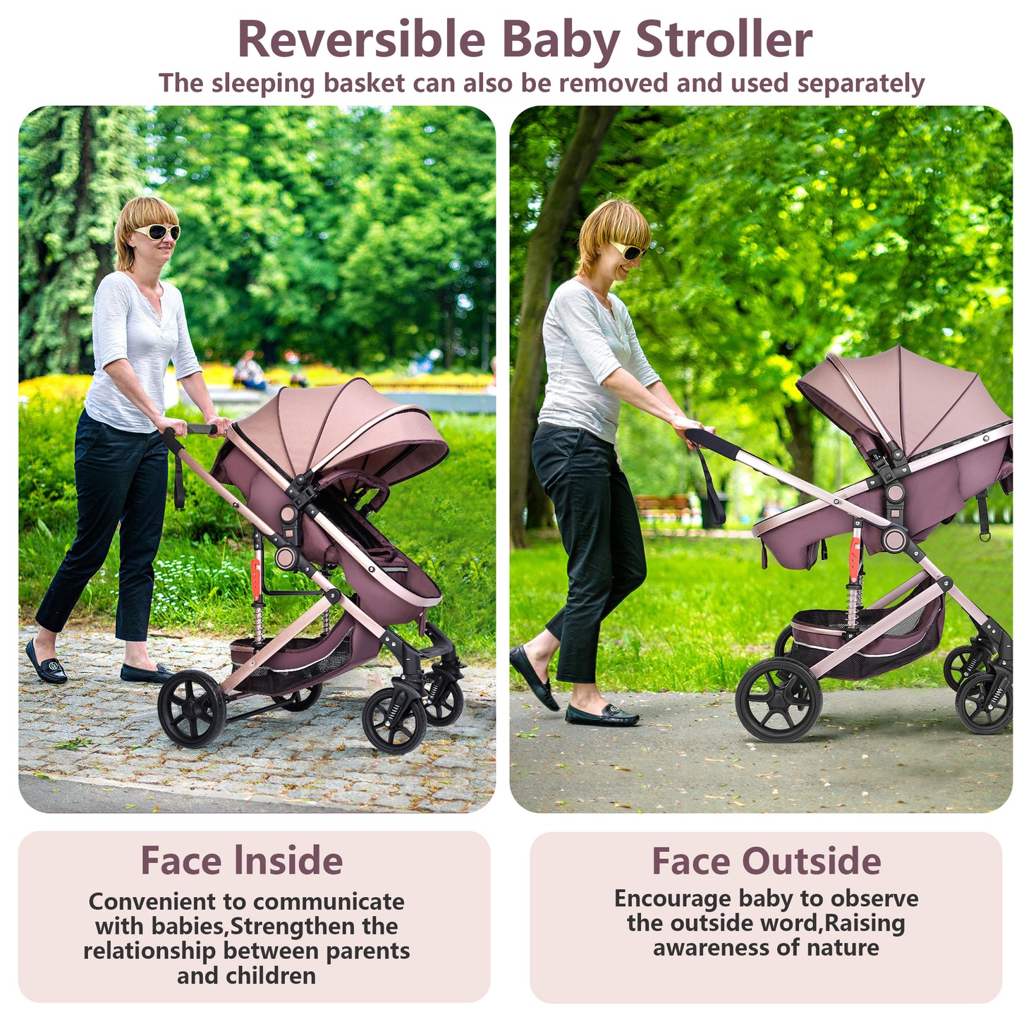 Welbabel Convertible Baby Stroller,Foldable Coches Para Bebes,Travel Stroller with Adjustable Canopy,Removable Footmuff, Adjustable Backrest,Newborn Bassinet Pram for 0-36 Months Baby,Brown